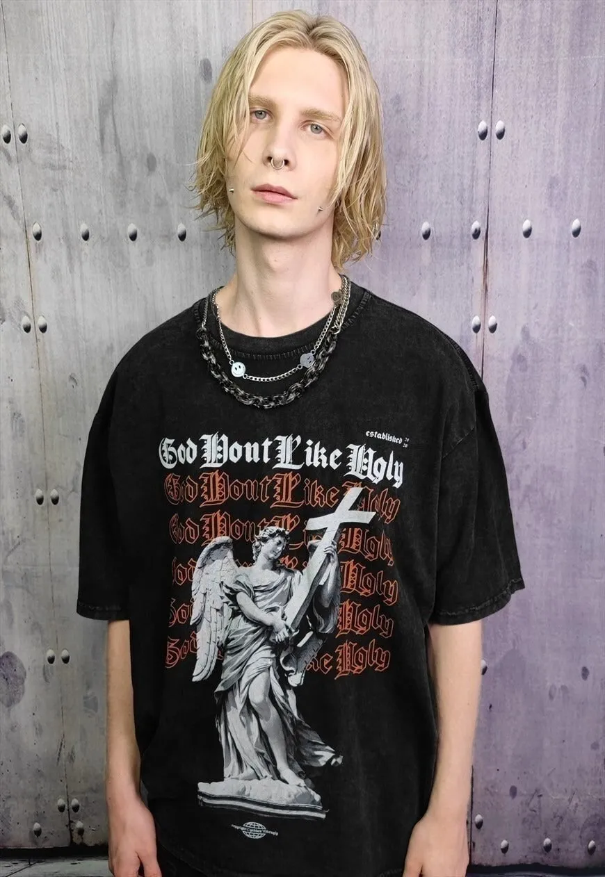 Angel t-shirt ugly slogan tee punk top in vintage black