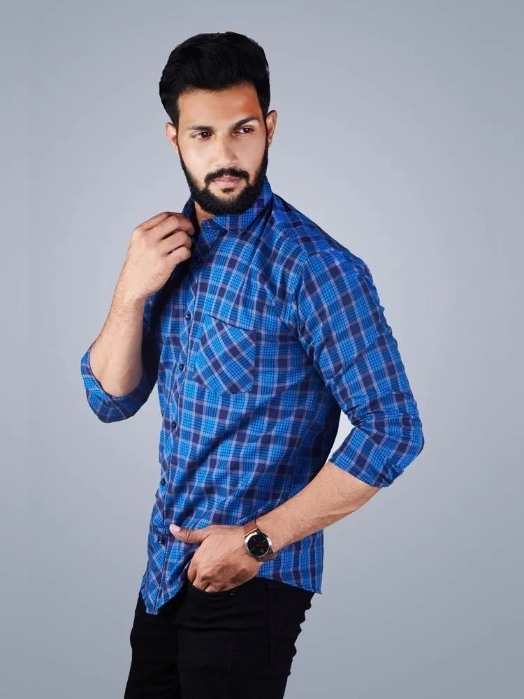 Blue Check Shirt - Checkered Spread Collar Cotton Blue Shirt