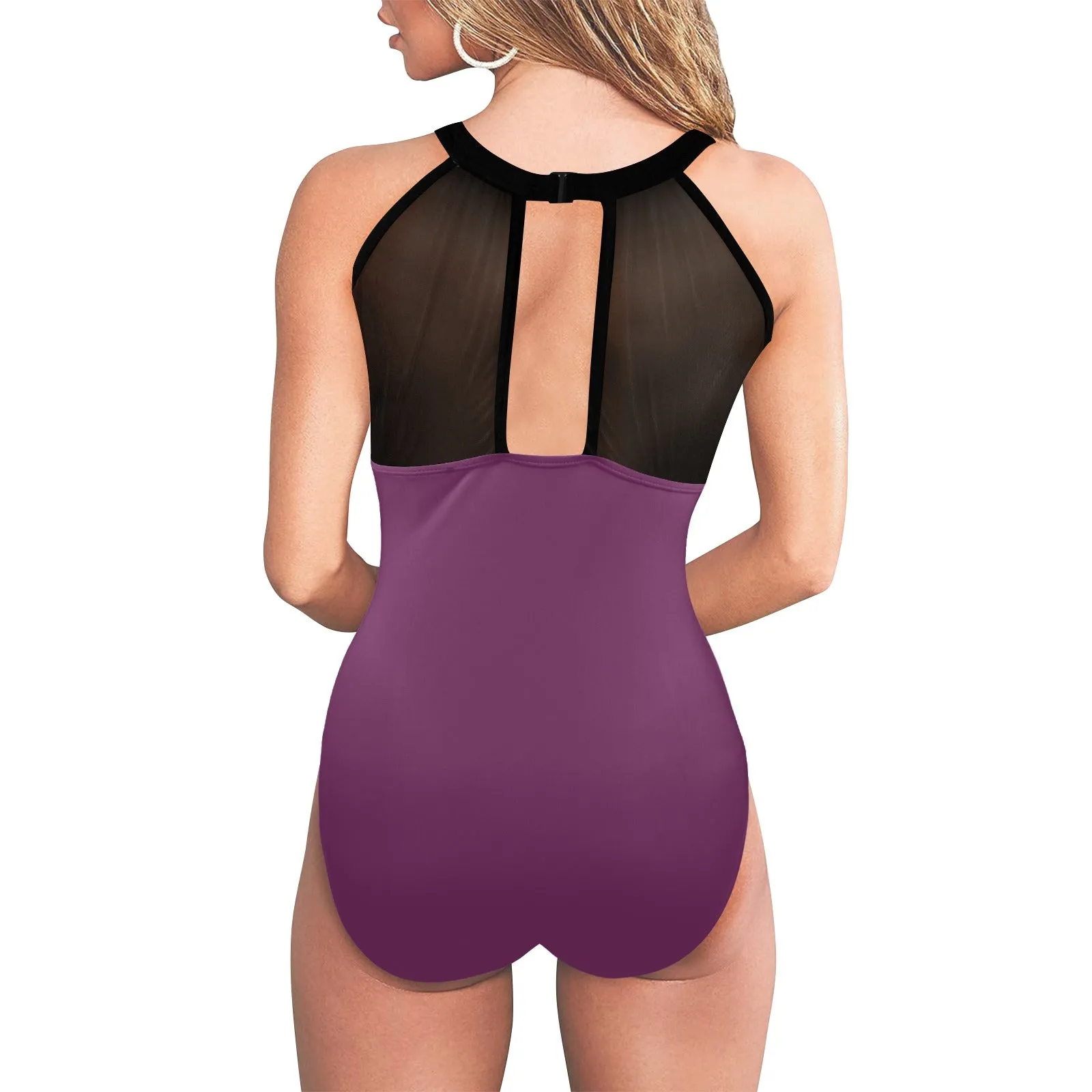 purple skirts Women's High Neck Plunge Mesh Ruched Swimsuit (S43)