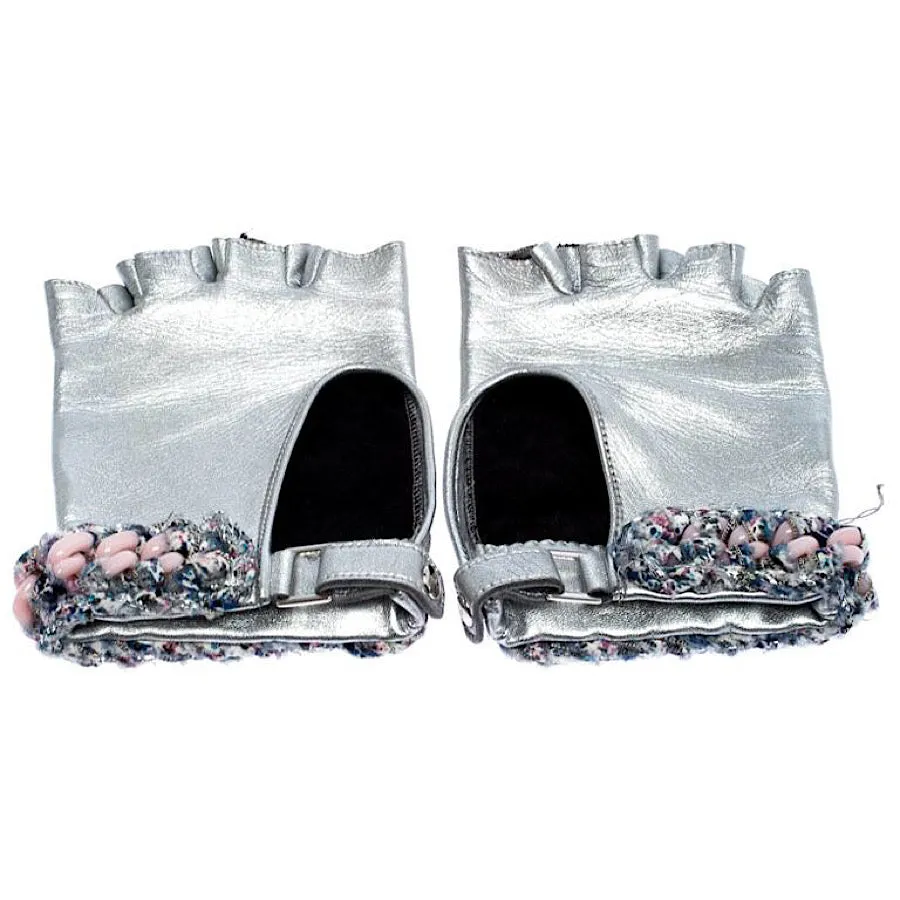 Rare Chanel 2014 14P tweed metallic silver pink chain Fingerless Gloves size 7.5